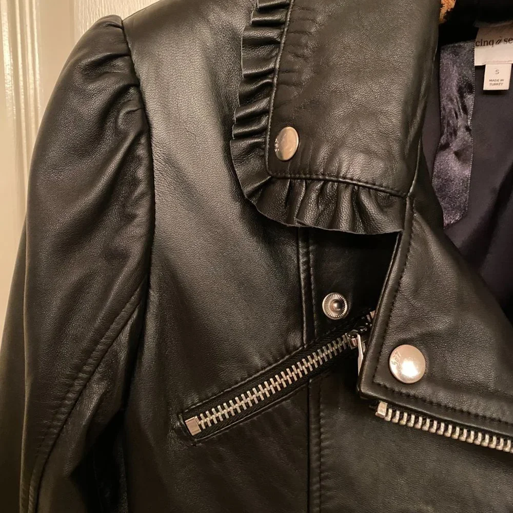 Cinq A Sept Eloise Moto Biker Leather Jacket Ruffled Trim SZ S - Picture 3 of 10